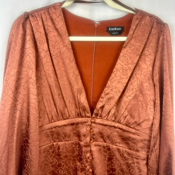 NEW Bebe Satin Button Up Jacquard Mini Dress Women Medium Copper Rust‎ Orange - Picture 6 of 10